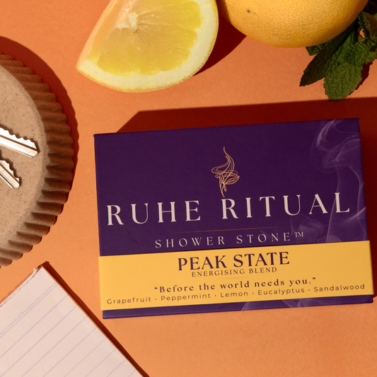A package of Ruhe Ritual Shower Stone 'Peak State' energising blend is displayed on a warm orange background with styled flat-lay props including a lemon slice, a whole lemon, mint leaves, and a small lined notepad.